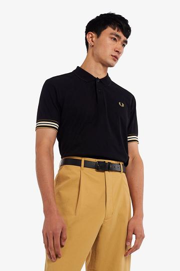 Black Fred Perry Striped Cuff Polo Men's Shirts | PH 1535GSOL